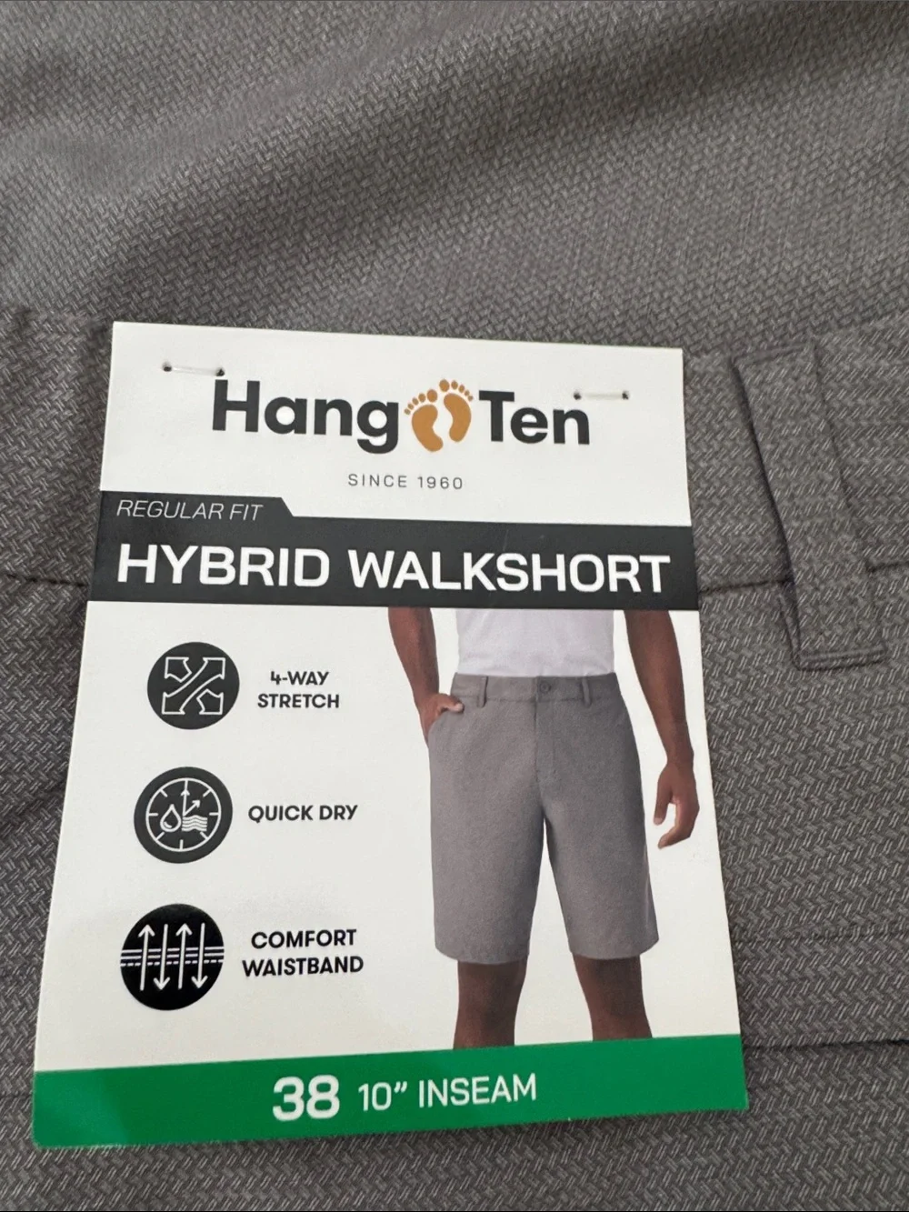 Hang Ten Hybrid Walkshort Men's Gray Flat-Front Shorts size 38 10” inseam NWT